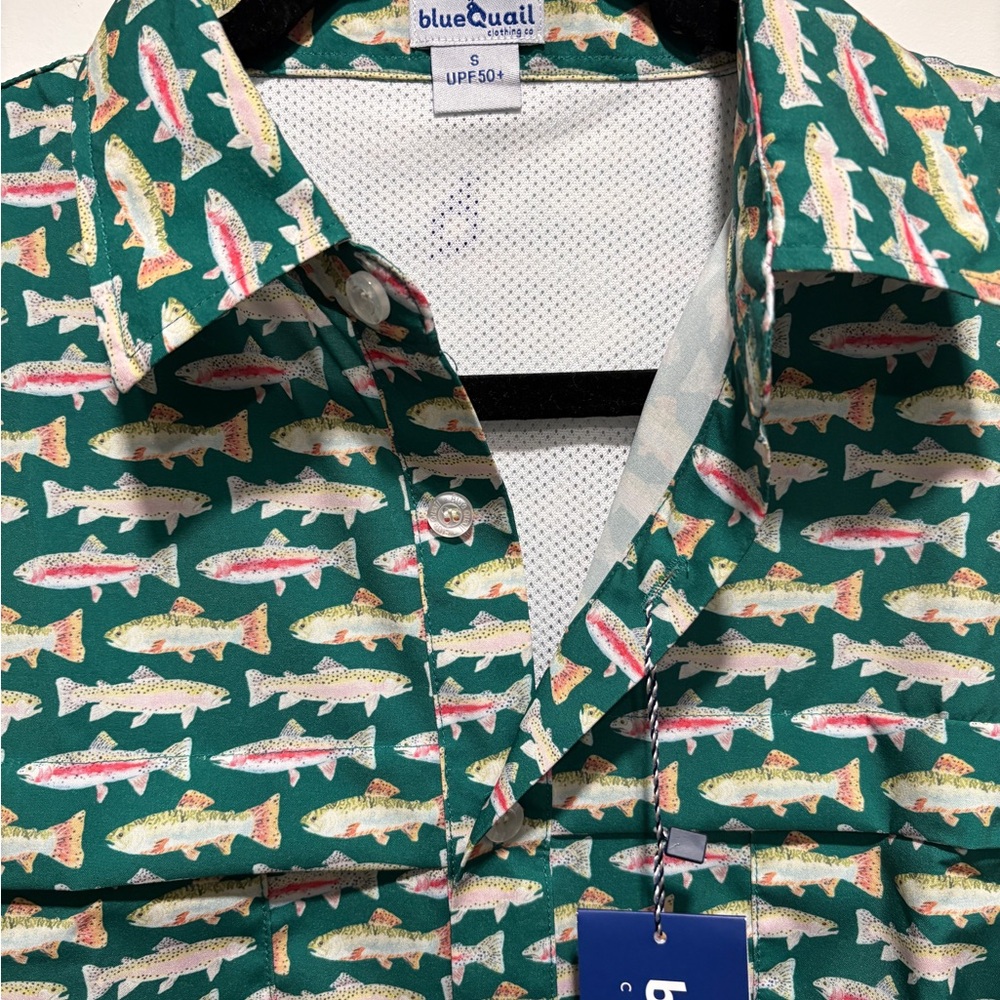 Men's Blue Quail Trout Print Fishing Shirt NWT - Picture 2 of 3